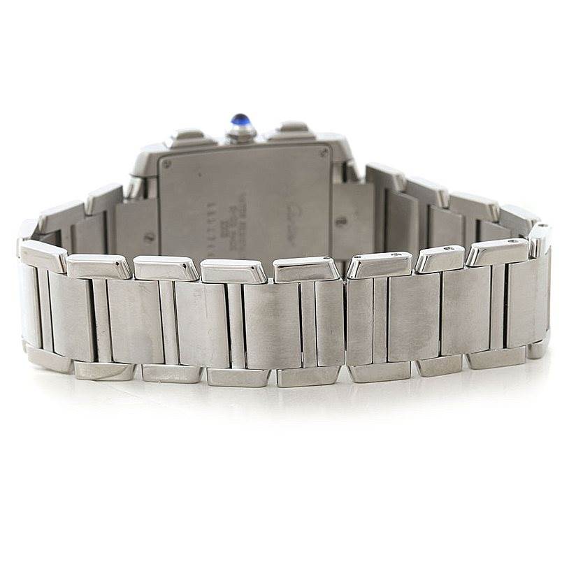 The image shows the back view of the band and case of a Cartier Tank Francaise W51001Q3 Men
s Stainless Steel White Dial W51001Q3 Men
s Stainless Steel White Dial watch.