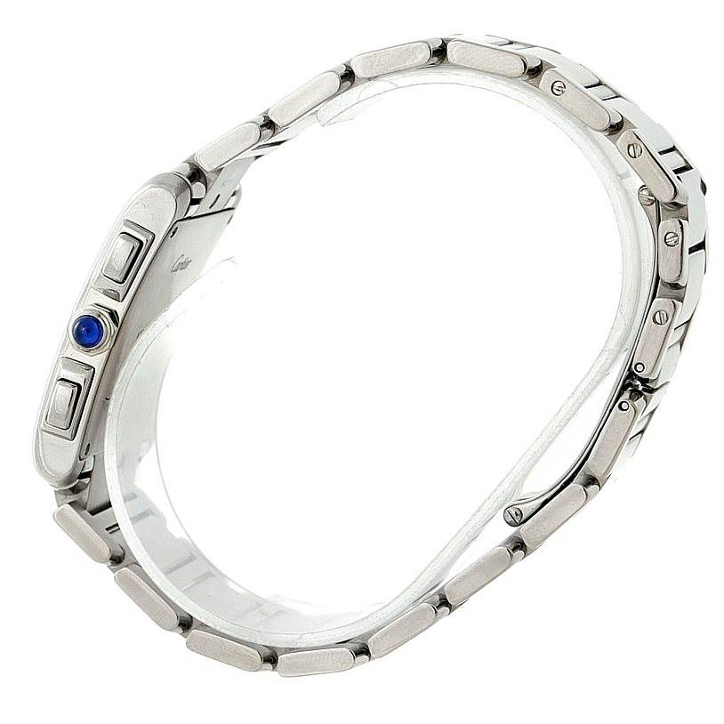 The image shows a side view of a Cartier Tank Française watch with its bracelet and crown.