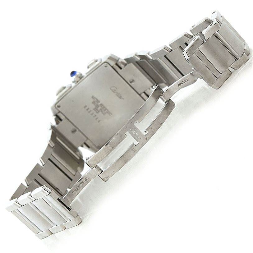 The image shows the back and bracelet of a Cartier Tank Francaise W51001Q3 Men
s Stainless Steel White Dial W51001Q3 Men
s Stainless Steel White Dial watch, highlighting its clasp and links.