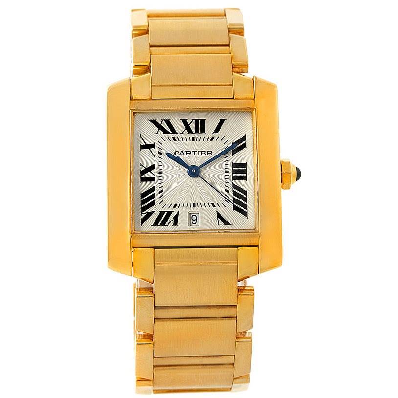 The image shows a front view of the Cartier Tank Francaise W50001R2 Men
s Yellow Gold Silver Dial W50001R2 Men
s Yellow Gold Silver Dial watch, highlighting its rectangular dial and gold bracelet.