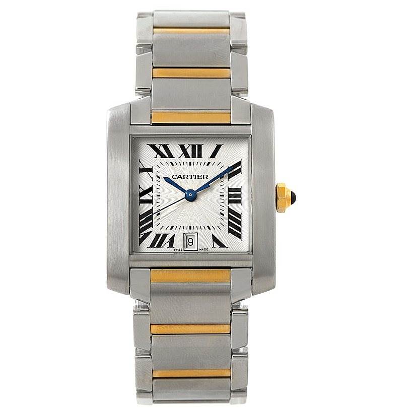 The image showcases a Cartier Tank Française watch, viewed from the front, displaying its face and bracelet.