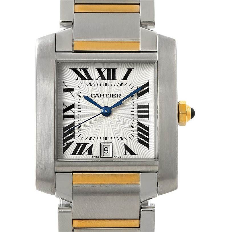 This image shows the front view of a Cartier Tank Francaise W51005Q4 Men
s Steel and Gold (two tone) Silver Dial W51005Q4 Men
s Steel and Gold (two tone) Silver Dial watch, highlighting the dial, hands, and part of the bracelet.