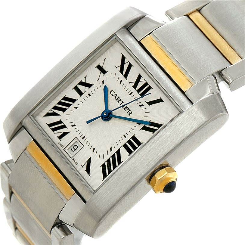 The image shows a close-up angled view of the dial and bracelet of the Cartier Tank Française watch.