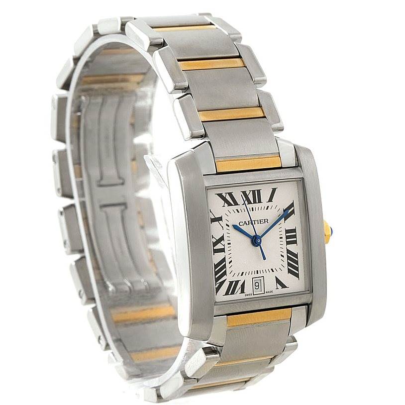 The Cartier Tank Francaise W51005Q4 Men
s Steel and Gold (two tone) Silver Dial W51005Q4 Men
s Steel and Gold (two tone) Silver Dial watch is shown at an angled view, highlighting the face, bracelet, and part of the clasp.