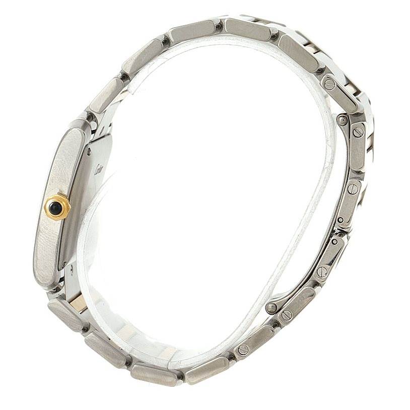 This image shows a Cartier Tank Francaise W51005Q4 Men
s Steel and Gold (two tone) Silver Dial W51005Q4 Men
s Steel and Gold (two tone) Silver Dial watch from a side angle, highlighting the watchband and crown.