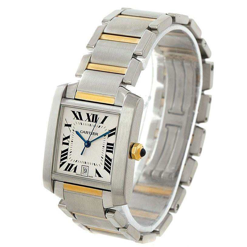 The image shows a Cartier Tank Francaise W51005Q4 Men
s Steel and Gold (two tone) Silver Dial W51005Q4 Men
s Steel and Gold (two tone) Silver Dial watch at a slight angle, displaying its face, bezel, crown, and part of the bracelet.