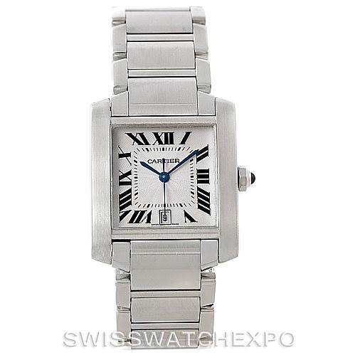 This image shows a Cartier Tank Francaise W51002Q3 Men's Stainless Steel Silver Dial W51002Q3 Men's Stainless Steel Silver Dial watch from a top-down angle, displaying the face and bracelet.