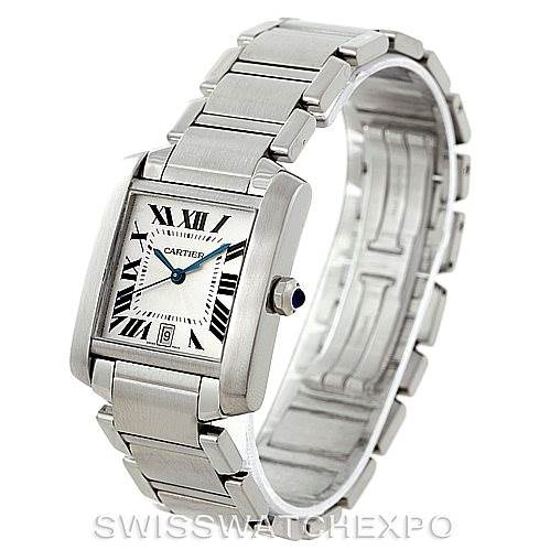 The image shows a Cartier Tank Francaise W51002Q3 Men's Stainless Steel Silver Dial W51002Q3 Men's Stainless Steel Silver Dial watch at a slight angle, displaying the face, crown with a blue cabochon, and stainless steel bracelet.