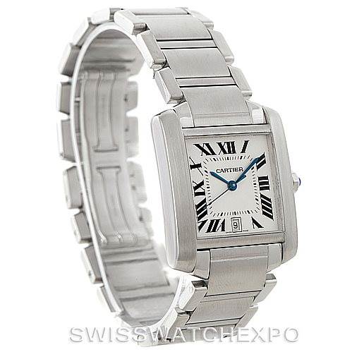 The image shows a Cartier Tank Francaise W51002Q3 Men's Stainless Steel Silver Dial W51002Q3 Men's Stainless Steel Silver Dial watch at an angled view, displaying its rectangular face, bracelet, and the side of the case.