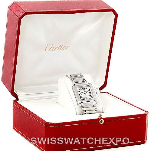 The Cartier Tank Française watch is shown angled slightly to the left, displayed in its red box with a white interior.