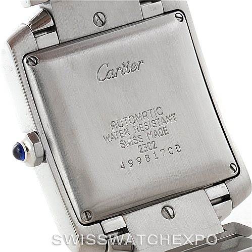 The image shows the back view of a Cartier Tank Francaise W51002Q3 Men's Stainless Steel Silver Dial W51002Q3 Men's Stainless Steel Silver Dial watch, displaying the case back and part of the bracelet.