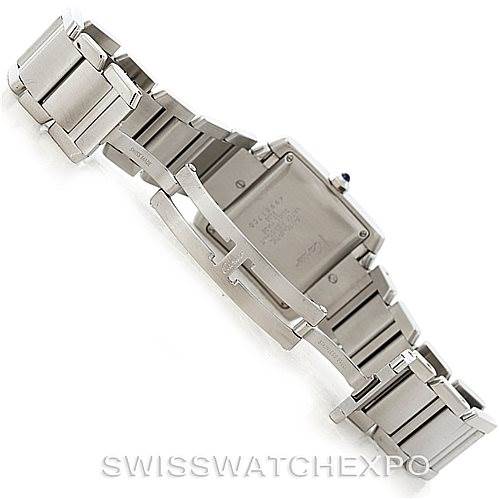 The image shows the back of the Cartier Tank Francaise W51002Q3 Men's Stainless Steel Silver Dial W51002Q3 Men's Stainless Steel Silver Dial watch, highlighting its closed clasp and stainless steel bracelet.