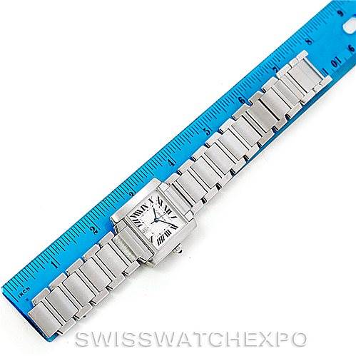 The Cartier Tank Francaise W51002Q3 Men's Stainless Steel Silver Dial W51002Q3 Men's Stainless Steel Silver Dial watch is shown from a top-down angle, displaying the face and the entirety of the metal bracelet.