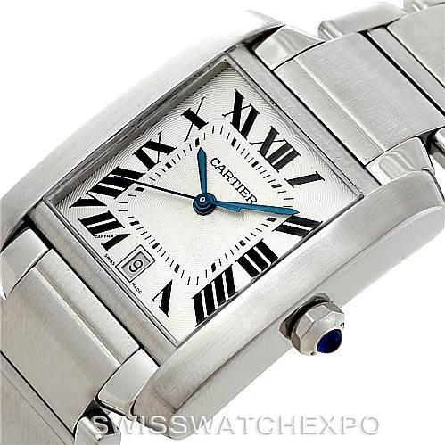 The image shows a close-up, angled view of the Cartier Tank Francaise W51002Q3 Men's Stainless Steel Silver Dial W51002Q3 Men's Stainless Steel Silver Dial watch, highlighting its face and part of the bracelet.