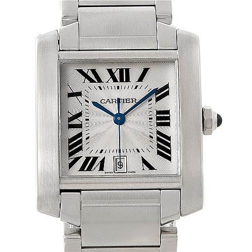 This image shows a front view of a Cartier Tank Francaise W51002Q3 Men's Stainless Steel Silver Dial W51002Q3 Men's Stainless Steel Silver Dial watch, highlighting its dial, case, and part of the bracelet.