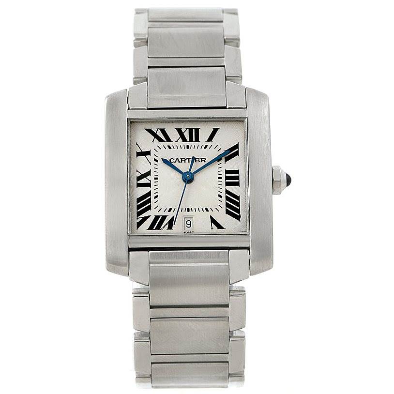 The image shows a frontal view of the Cartier Tank Francaise W51002Q3 Men
s Stainless Steel Silver Dial W51002Q3 Men
s Stainless Steel Silver Dial watch, including its rectangular face, metal bracelet, and blue hands.