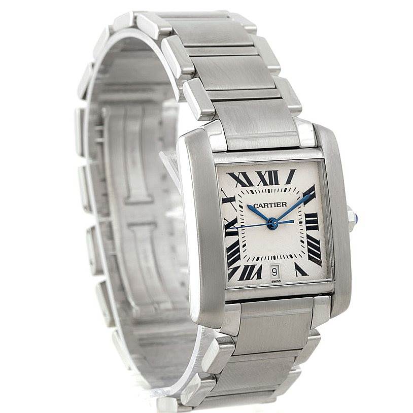 This image shows a Cartier Tank Française watch at a slight diagonal angle, featuring its rectangular case and linked bracelet band.