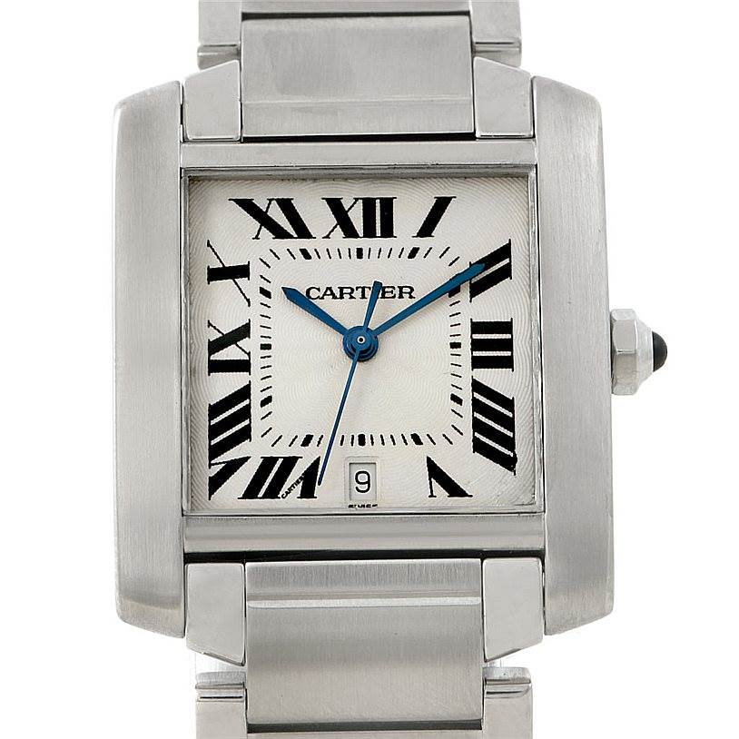 The image shows a front view of the Cartier Tank Francaise W51002Q3 Men
s Stainless Steel Silver Dial W51002Q3 Men
s Stainless Steel Silver Dial watch, highlighting its face, hands, casing, and bracelet.
