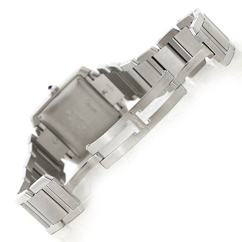 The image shows the back view and metal bracelet of the Cartier Tank Francaise W51002Q3 Men
s Stainless Steel Silver Dial W51002Q3 Men
s Stainless Steel Silver Dial watch.