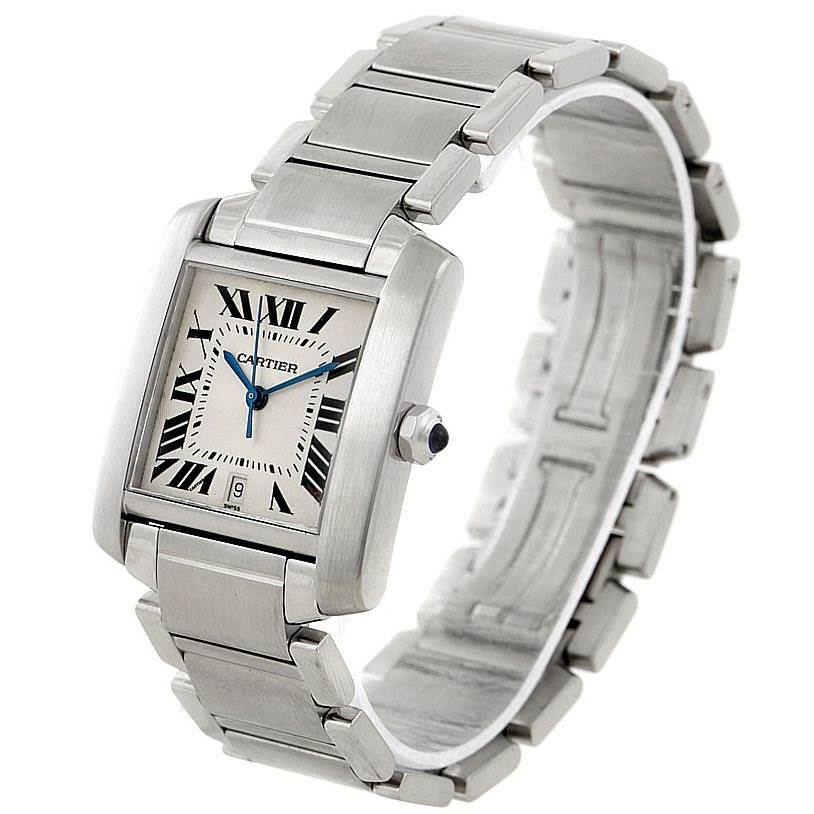 The image shows a Cartier Tank Francaise W51002Q3 Men
s Stainless Steel Silver Dial W51002Q3 Men
s Stainless Steel Silver Dial watch, featuring its rectangular face, Roman numeral dial, and metal bracelet, displayed at an angle.