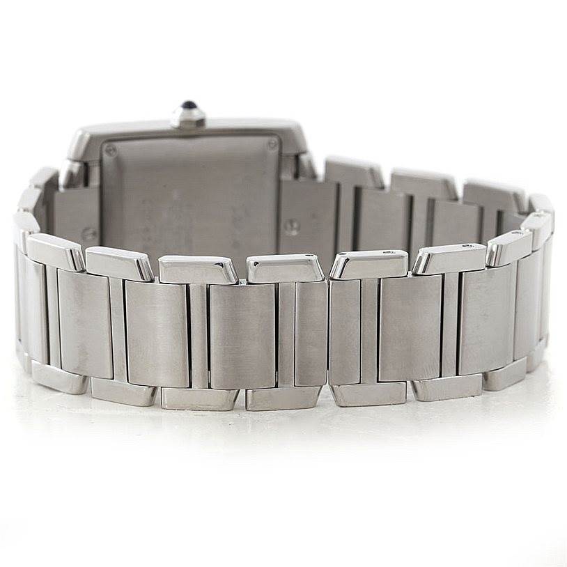This image shows the back view of the Cartier Tank Francaise W51002Q3 Men
s Stainless Steel Silver Dial W51002Q3 Men
s Stainless Steel Silver Dial watch, highlighting the bracelet and clasp.