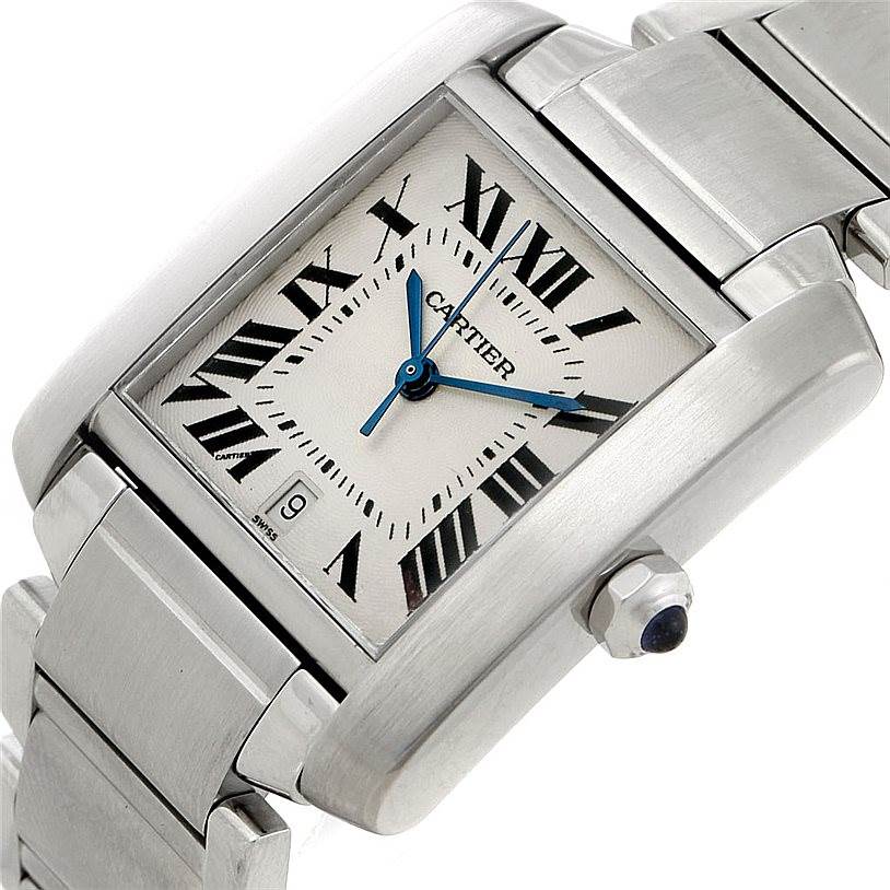 The image shows a close-up angled view of the Cartier Tank Francaise W51002Q3 Men
s Stainless Steel Silver Dial W51002Q3 Men
s Stainless Steel Silver Dial watch, revealing the dial, crown, and part of the bracelet.