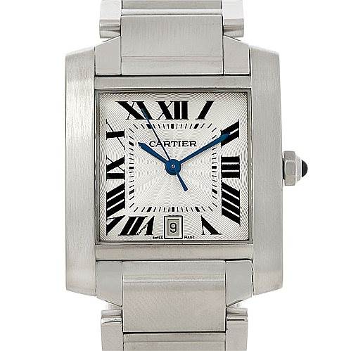 This image shows the Cartier Tank Francaise W51002Q3 Men
s Stainless Steel Silver Dial W51002Q3 Men
s Stainless Steel Silver Dial watch from a front angle, highlighting its square dial, blue hands, and Roman numeral hour markers.