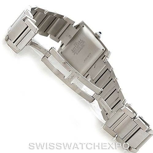 The image shows the back and bracelet of the Cartier Tank Francaise W51002Q3 Men
s Stainless Steel Silver Dial W51002Q3 Men
s Stainless Steel Silver Dial watch in a partially open position.