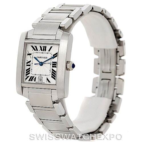 The Cartier Tank Francaise W51002Q3 Men
s Stainless Steel Silver Dial W51002Q3 Men
s Stainless Steel Silver Dial watch is shown from a front-left angle, highlighting its rectangular face and metal bracelet.