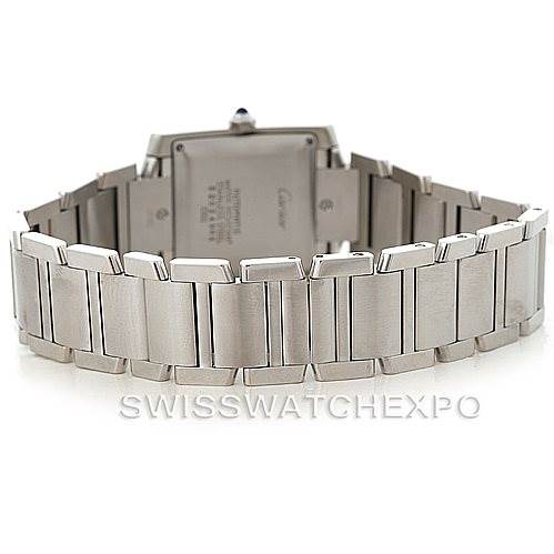 The image shows the back view of the bracelet and case of a Cartier Tank Francaise W51002Q3 Men
s Stainless Steel Silver Dial W51002Q3 Men
s Stainless Steel Silver Dial watch.