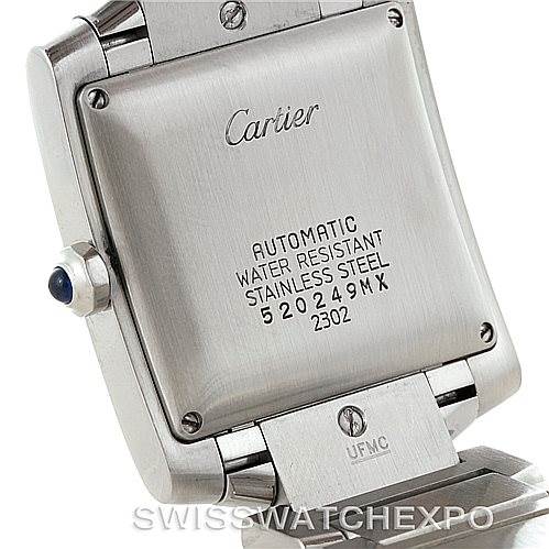 This image shows the back case of a Cartier Tank Francaise W51002Q3 Men
s Stainless Steel Silver Dial W51002Q3 Men
s Stainless Steel Silver Dial watch, displaying details such as the model number and water resistance.