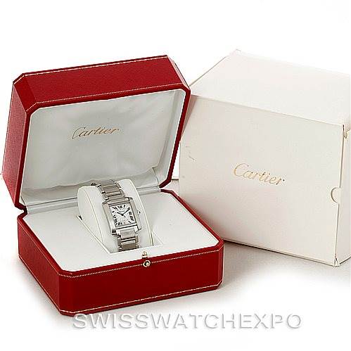 The image shows a Cartier Tank Française watch in its red case, with the outer box beside it.