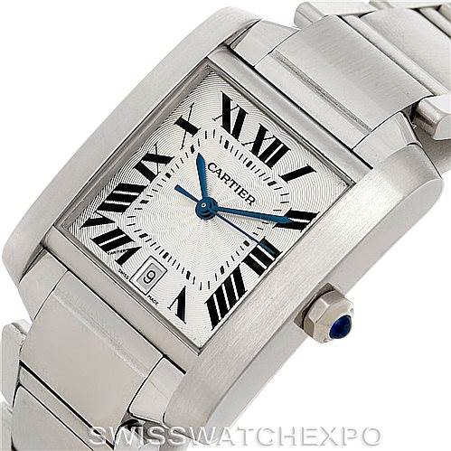The image shows a close-up, angled view of a Cartier Tank Francaise W51002Q3 Men
s Stainless Steel Silver Dial W51002Q3 Men
s Stainless Steel Silver Dial watch face and strap.