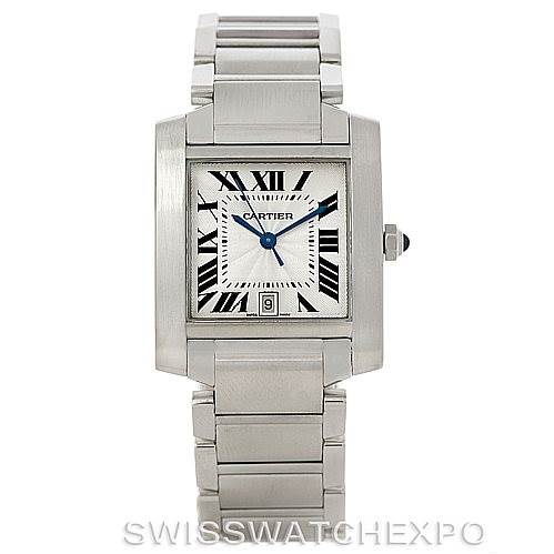 The image shows a front view of a Cartier Tank Française watch with a stainless steel case and bracelet, featuring a square dial with Roman numerals.
