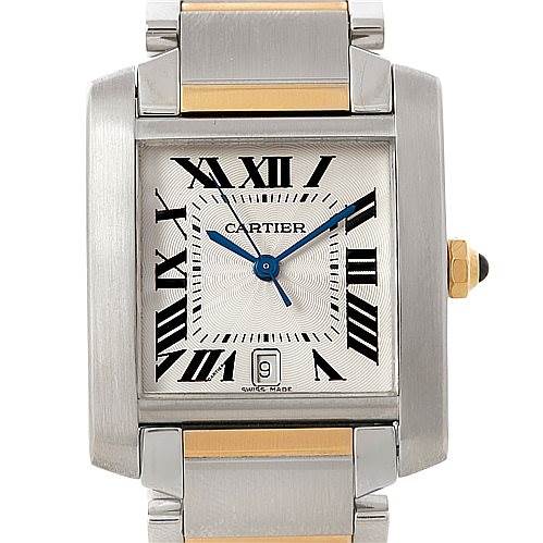 This image shows a front view of the Cartier Tank Française watch, highlighting the face, bezel, and part of the bracelet.