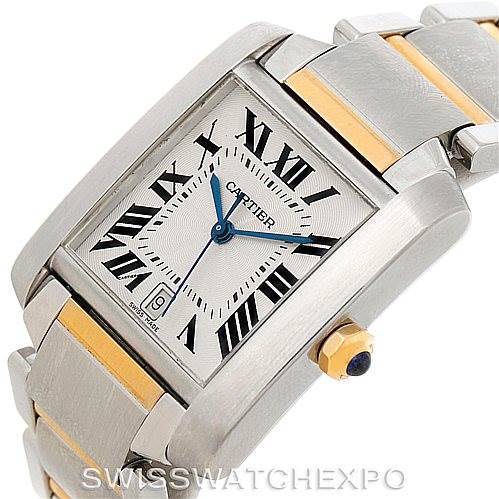 This image shows a close-up, angled view of the Cartier Tank Francaise W51005Q4 Men's Steel and Gold (two tone) Silver Dial W51005Q4 Men's Steel and Gold (two tone) Silver Dial watch, focusing on the dial, bracelet, and crown.