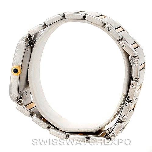 The image shows a side view of the Cartier Tank Francaise W51005Q4 Men's Steel and Gold (two tone) Silver Dial W51005Q4 Men's Steel and Gold (two tone) Silver Dial watch, highlighting its stainless steel band and case.