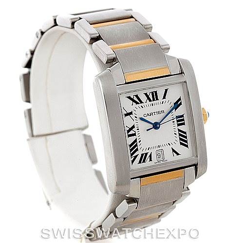 The image shows a Cartier Tank Française watch angled from the front-left displaying the face, crown, and partial bracelet.