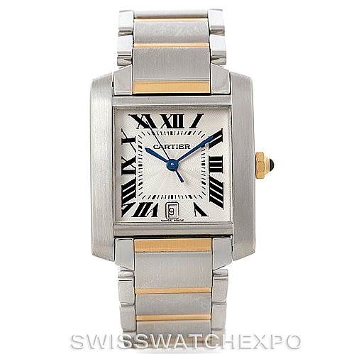 The image shows a front view of a Cartier Tank Française watch, featuring its face, bezel, and full bracelet.