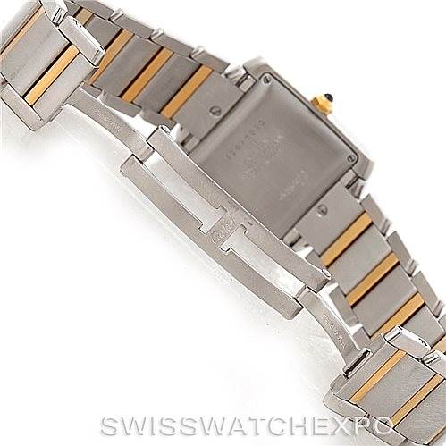 This image shows the back and bracelet of a Cartier Tank Francaise W51005Q4 Men's Steel and Gold (two tone) Silver Dial W51005Q4 Men's Steel and Gold (two tone) Silver Dial watch, highlighting its clasp and metal finish.