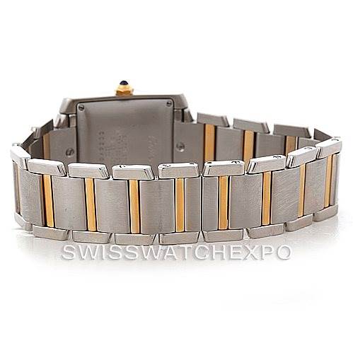This image shows the back and bracelet of a Cartier Tank Française watch, highlighting the two-tone metal links.