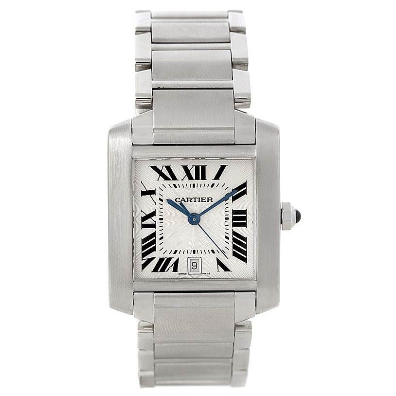 The image shows a front view of the Cartier Tank Francaise W51002Q3 Men
s Stainless Steel Silver Dial W51002Q3 Men
s Stainless Steel Silver Dial watch, highlighting the rectangular face, Roman numerals, and metal bracelet.