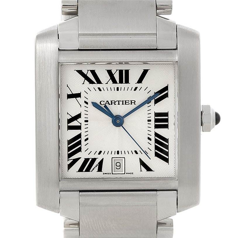 The image shows a front view of the Cartier Tank Francaise W51002Q3 Men
s Stainless Steel Silver Dial W51002Q3 Men
s Stainless Steel Silver Dial watch, displaying its rectangular face, Roman numerals, and metal bracelet.