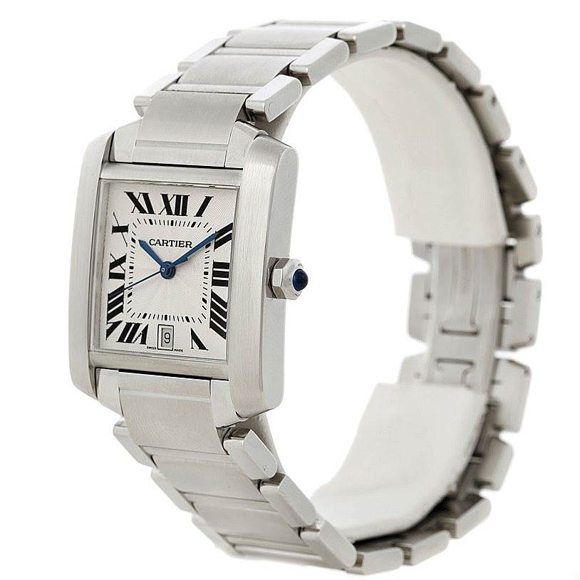 The image shows a side and front view of a Cartier Tank Francaise W51002Q3 Men
s Stainless Steel Silver Dial W51002Q3 Men
s Stainless Steel Silver Dial watch, highlighting its rectangular case, Roman numeral dial, and metal bracelet.