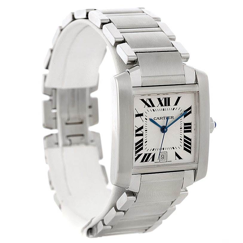 This image shows a side view of the Tank Francaise watch by Cartier, highlighting its face, bracelet, and clasp.