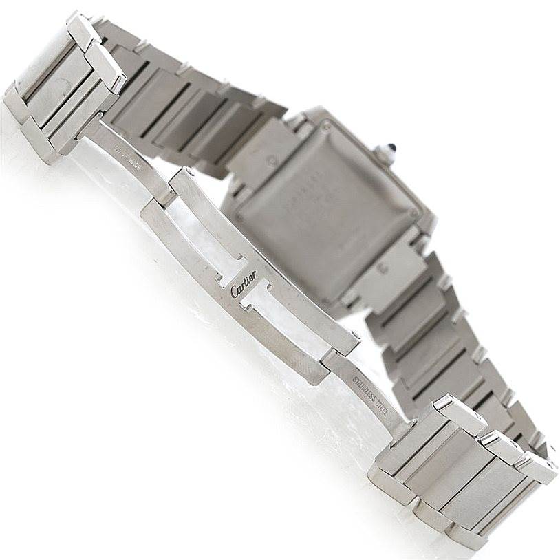 The image shows the back view and partially open bracelet of a Cartier Tank Francaise W51002Q3 Men
s Stainless Steel Silver Dial W51002Q3 Men
s Stainless Steel Silver Dial watch.
