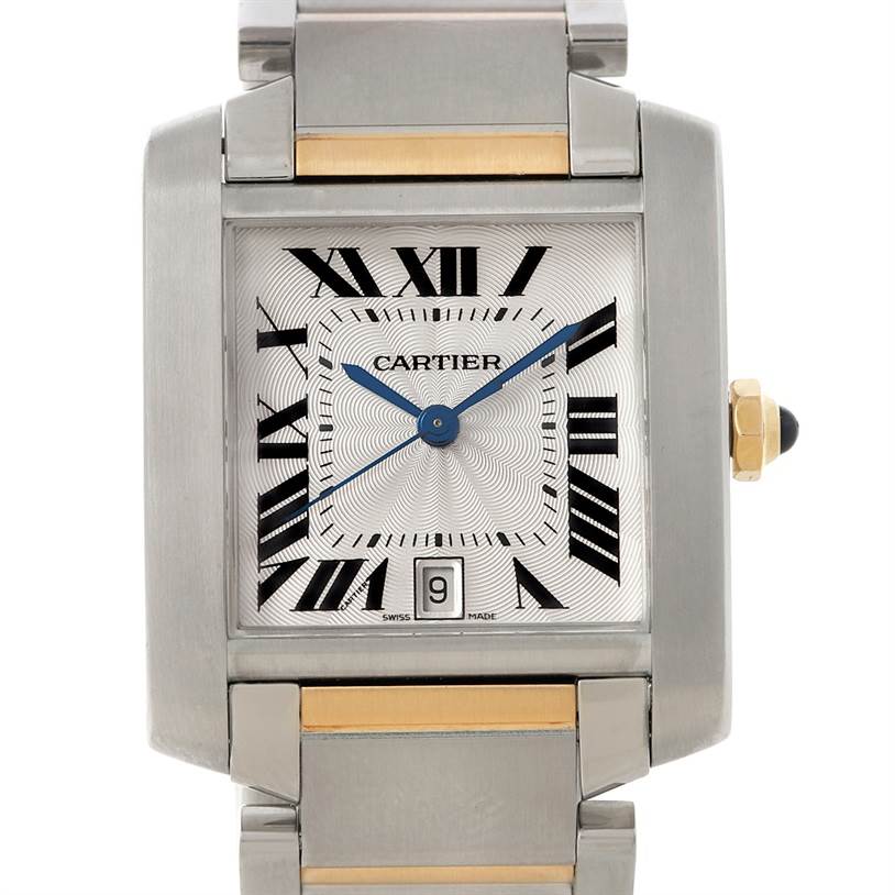 The image shows a close-up of a Cartier Tank Française watch face, highlighting the dial, hands, bezel, and bracelet.