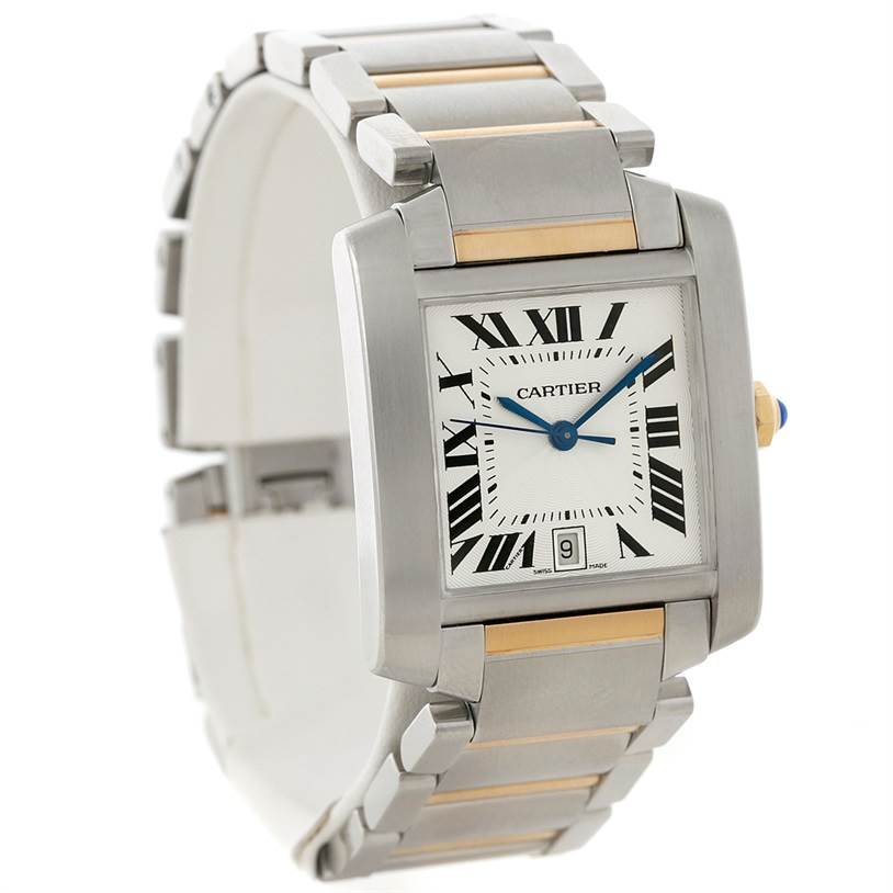 The image shows a Cartier Tank Francaise W51005Q4 Men
s Steel and Gold (two tone) Silver Dial W51005Q4 Men
s Steel and Gold (two tone) Silver Dial watch at a three-quarter angle, displaying its face, bracelet, and blue hands.