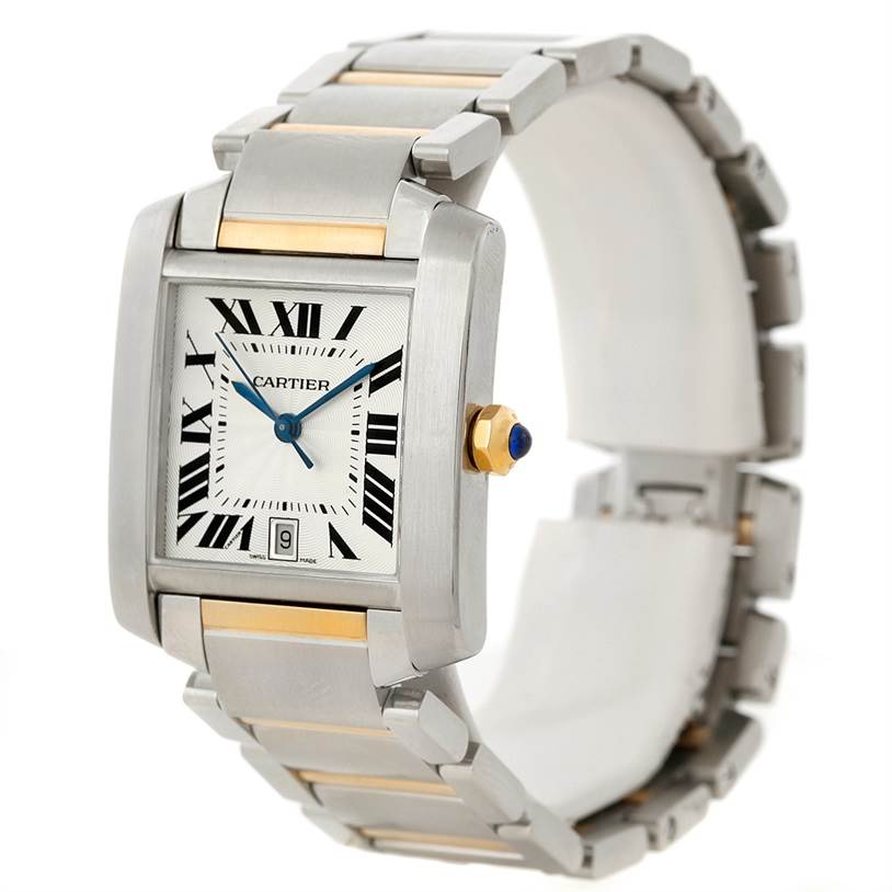 This image shows a Cartier Tank Française watch from a front-left angle, highlighting the dial, bracelet, and crown.