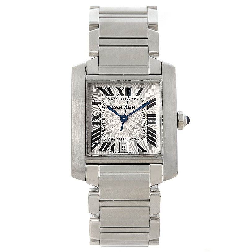 This image shows a front view of a Cartier Tank Francaise W51002Q3 Men's Stainless Steel Silver Dial W51002Q3 Men's Stainless Steel Silver Dial watch, displaying the face, Roman numerals, stainless steel case, and bracelet.